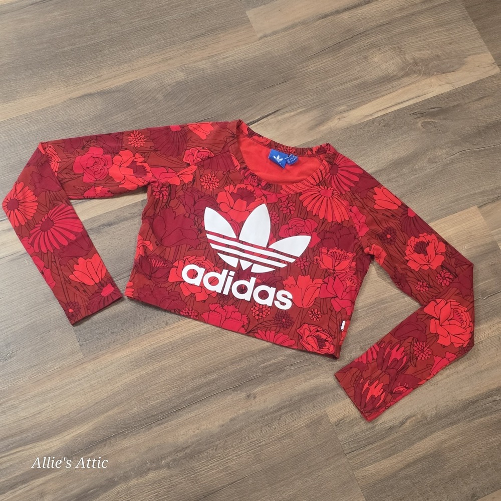 Adidas Originals Cropped Shirt Long Sleeve Floral Red White Womens Juniors Small